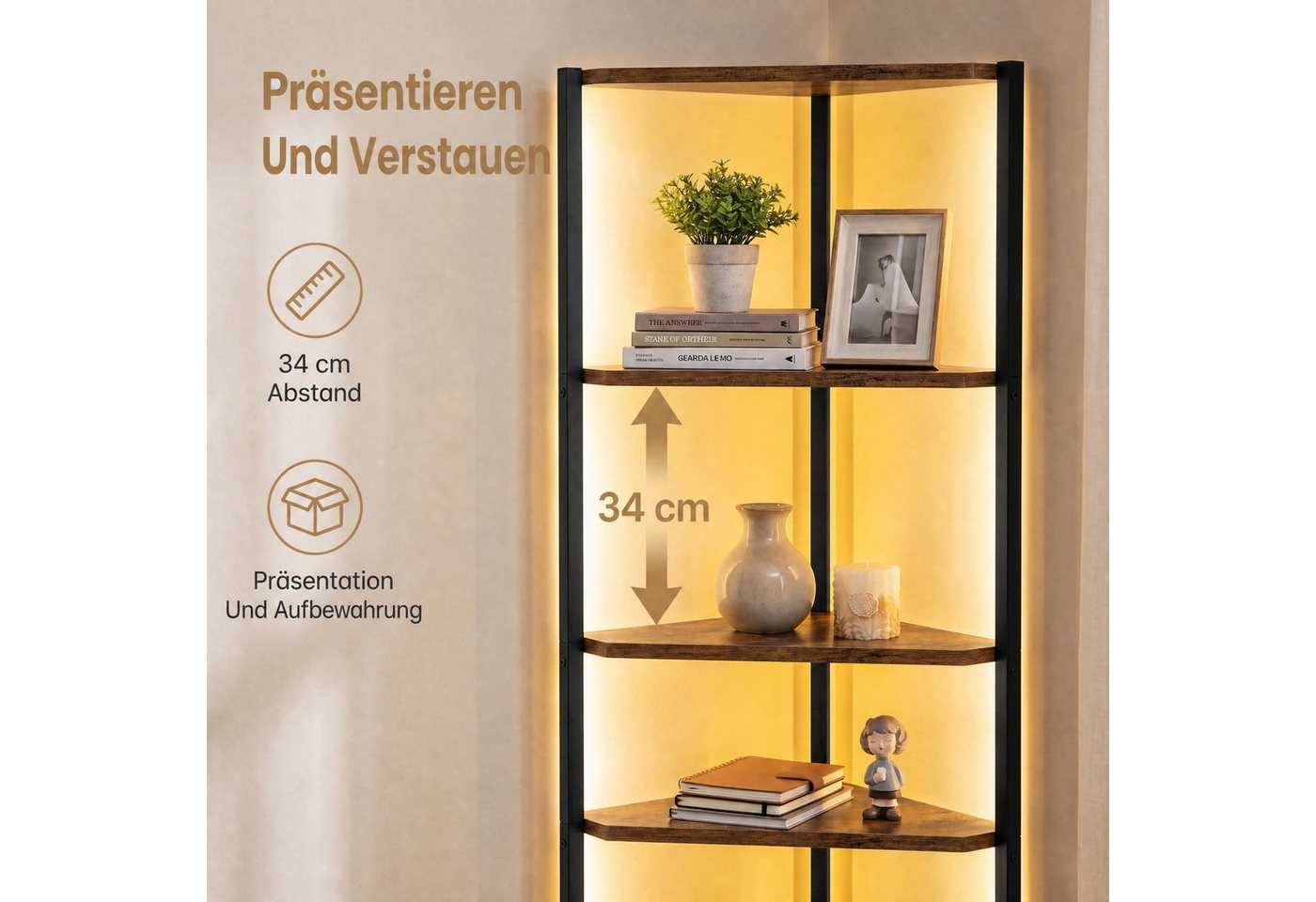 VASAGLE Eckregal Regal mit Stahlrahmen, für Wohnzimmer, Schlafzimmer, Arbeitszimmer, 24,8 x 48 x 182,1 cm, für Wohnzimmer, Schlafzimmer, mit Stahlrahmen – Bild 5 von 5