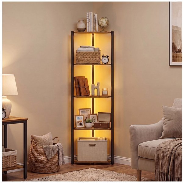 VASAGLE Eckregal Regal mit Stahlrahmen, für Wohnzimmer, Schlafzimmer, Arbeitszimmer, Eckregal mit 5 Ebenen, 24,8 x 48 x 146,6 cm