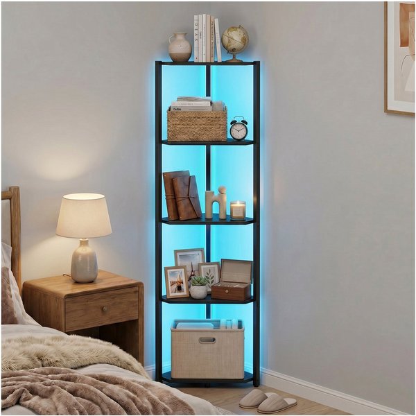 VASAGLE Eckregal Regal mit Stahlrahmen, für Wohnzimmer, Schlafzimmer, Arbeitszimmer, Eckregal mit 5 Ebenen, 24,8 x 48 x 146,6 cm