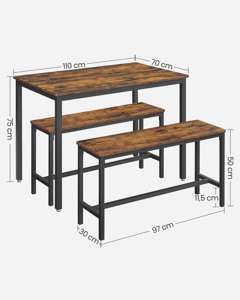 VASAGLE Essgruppe Esstisch mit 2 Bänken, 3er-Set, (3er-Set, 3-tlg., Esstisch mit 2 Bänken), Küchentisch 70 x 110 x 77 cm, 2 Bänke je 30 x 97 x 50 cm – Bild 3 von 5