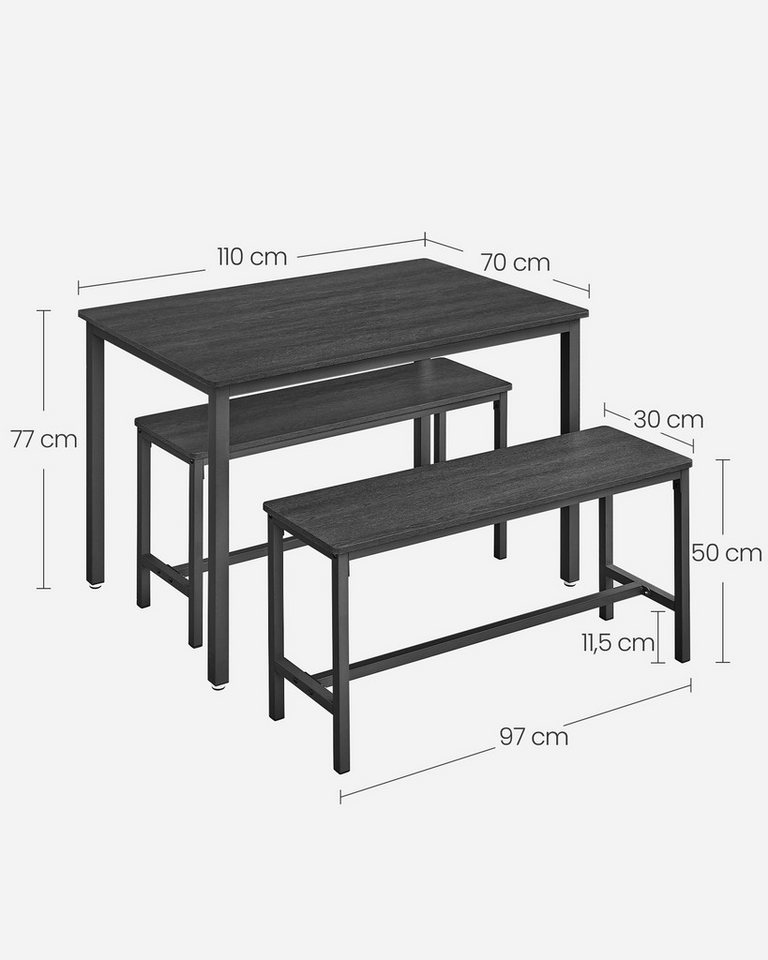 VASAGLE Essgruppe Esstisch mit 2 Bänken, 3er-Set, (3er-Set, 3-tlg., Esstisch mit 2 Bänken), Küchentisch 70 x 110 x 77 cm, 2 Bänke je 30 x 97 x 50 cm – Bild 3 von 5