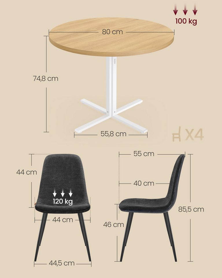 VASAGLE Essgruppe Runder Tisch mit Esszimmerstühlen, Essgruppe, (5-tlg), Küchentisch 80x80x74.8cm, 4 Esszimmerstühlen je 55 x 43,5 x 85,5 cm – Bild 3 von 5