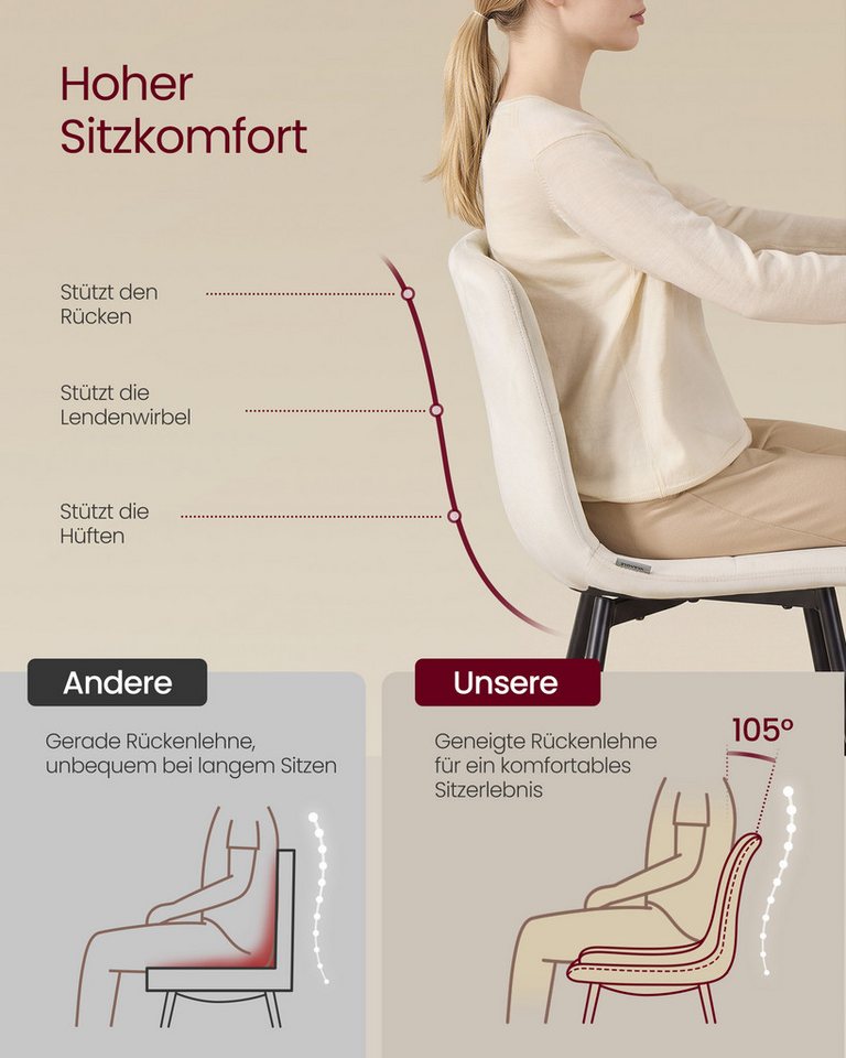VASAGLE Esszimmerstuhl 360° Drehbar, aus Samt, Ergonomischer Samtstuhl, 6er Set, für Esszimmer und Wohnzimmer – Bild 4 von 5