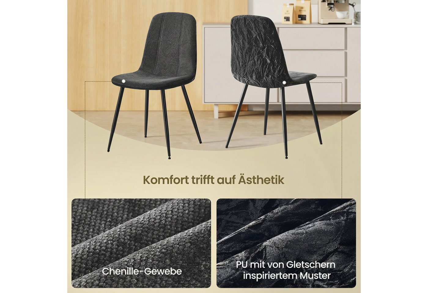VASAGLE Esszimmerstuhl Metallbeine, verstellbare Füße, pflegeleicht (2 St), Chenille-Gewebe, PU mit von Gletschern inspiriertem Muster – Bild 5 von 5