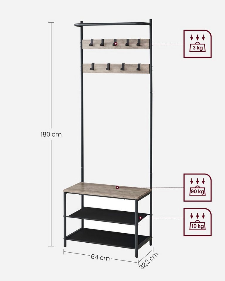 VASAGLE Garderobenständer Garderobe, Kleiderstange, Sitzbank, 9 abnehmbare Haken, Industrie-Stil – Bild 3 von 5