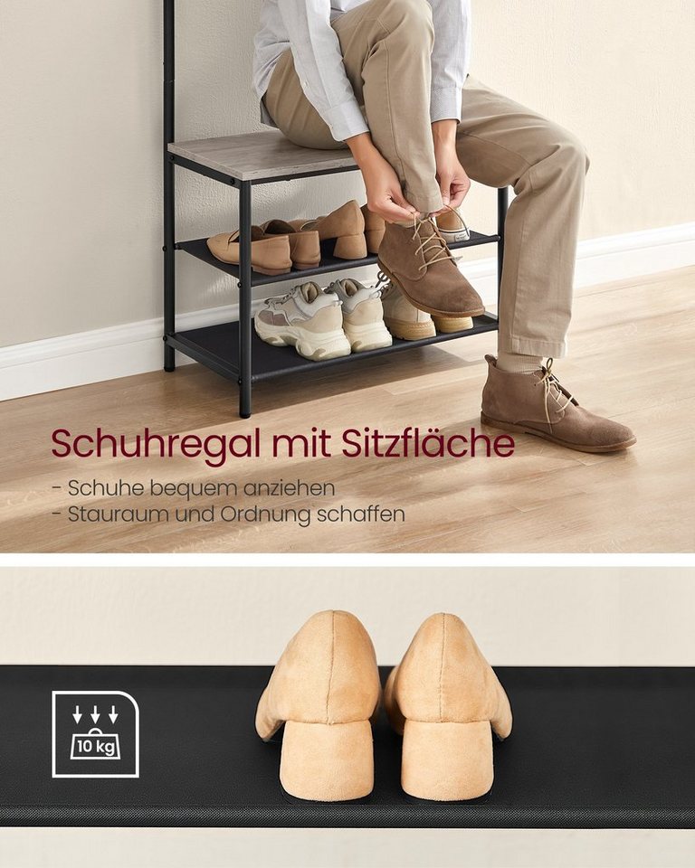 VASAGLE Garderobenständer Garderobe, Kleiderstange, Sitzbank, 9 abnehmbare Haken, Industrie-Stil – Bild 4 von 5
