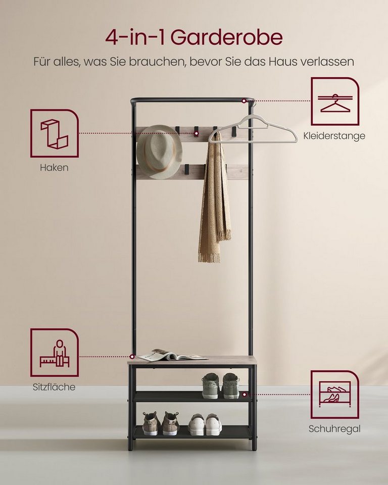 VASAGLE Garderobenständer Garderobe, Kleiderstange, Sitzbank, 9 abnehmbare Haken, Industrie-Stil – Bild 5 von 5