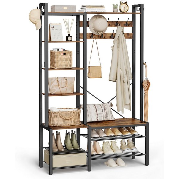 VASAGLE Garderobenständer Garderobe, Garderobenständer, mit Schuhbank, Haken, 5 Regalebenen aus Spanplatten