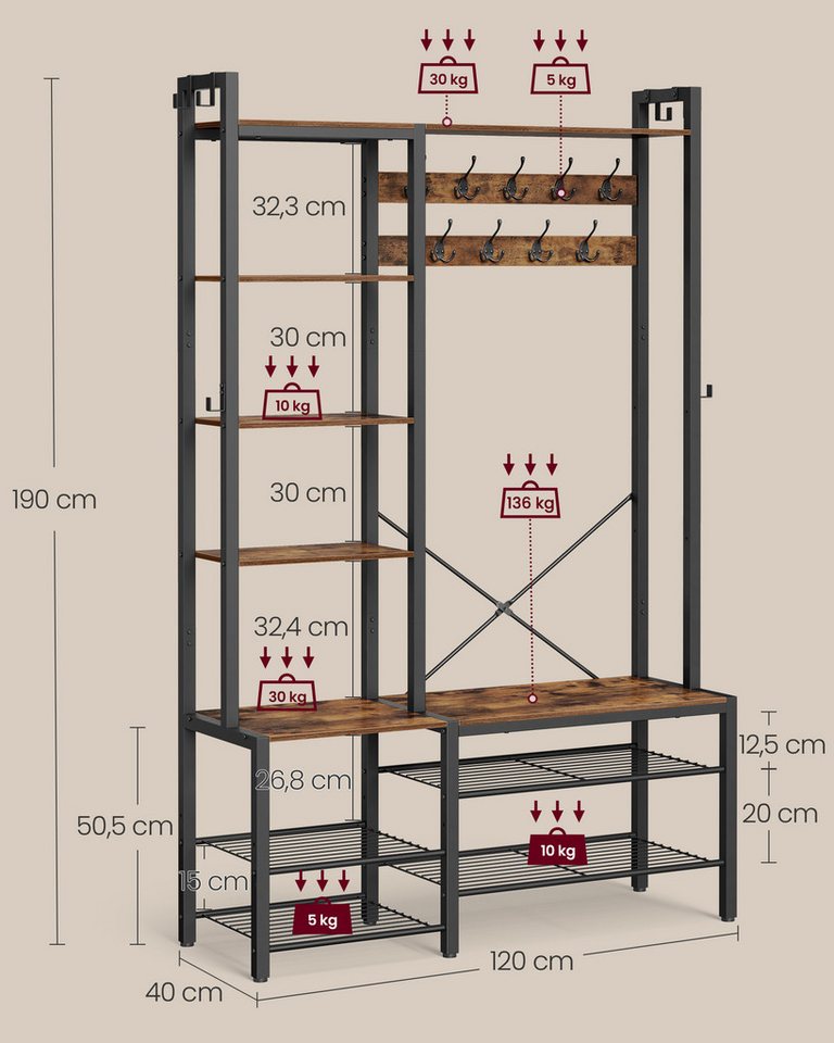 VASAGLE Garderobenständer Garderobe, Garderobenständer, mit Schuhbank, Haken, 5 Regalebenen aus Spanplatten – Bild 4 von 5
