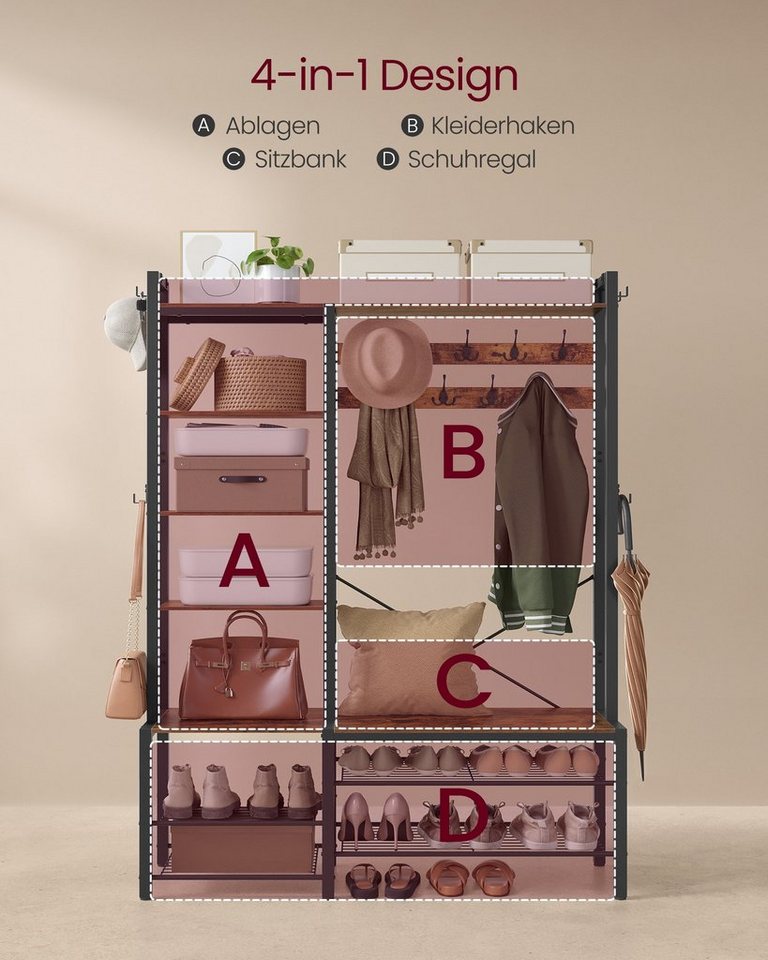 VASAGLE Garderobenständer Garderobe, Garderobenständer, mit Schuhbank, Haken, 5 Regalebenen aus Spanplatten – Bild 5 von 5