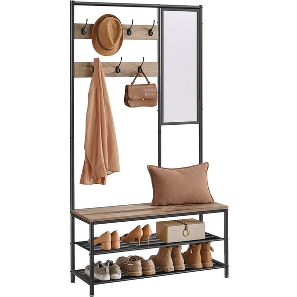 VASAGLE Garderobenständer Garderobe, mit 7 Haken, Spiegel, Sitzbank, 35 x 98 x 180 cm