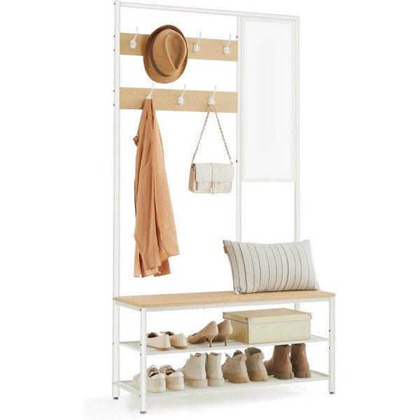 VASAGLE Garderobenständer Garderobe, mit 7 Haken, Spiegel, Sitzbank, 35 x 98 x 180 cm