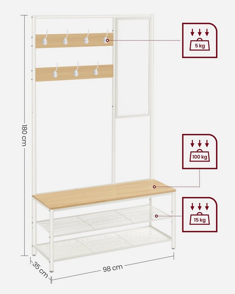 VASAGLE Garderobenständer Garderobe, mit 7 Haken, Spiegel, Sitzbank, 35 x 98 x 180 cm – Bild 5 von 5