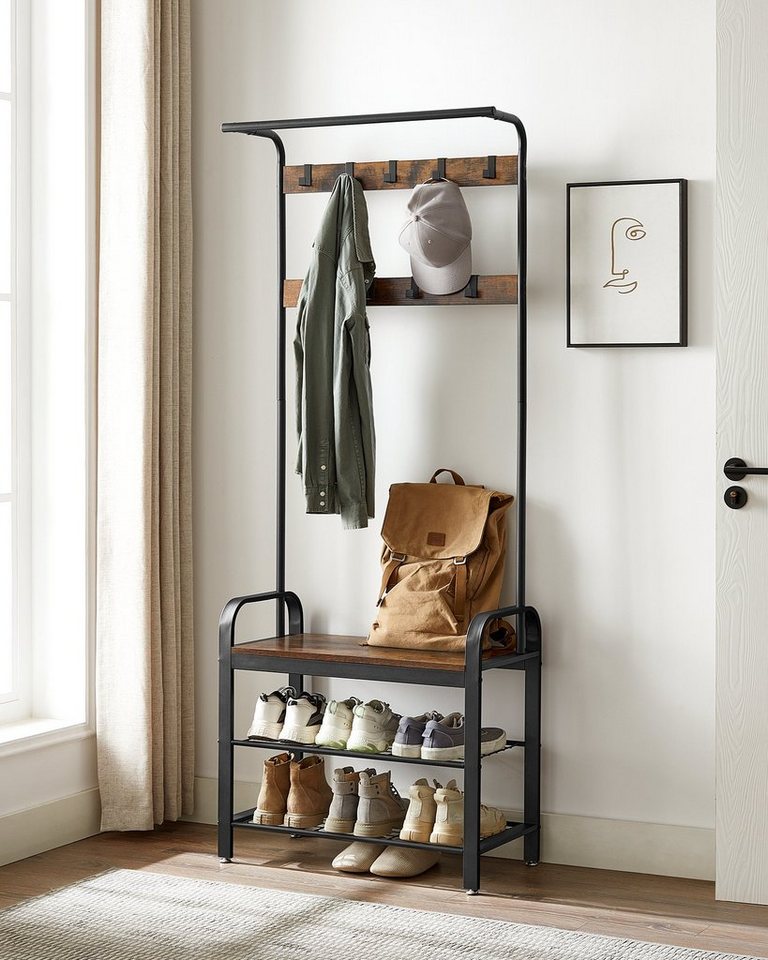 VASAGLE Garderobenständer Garderobe, mit Schuhbank, Kleiderstange und 9 abnehmbaren Haken – Bild 2 von 5