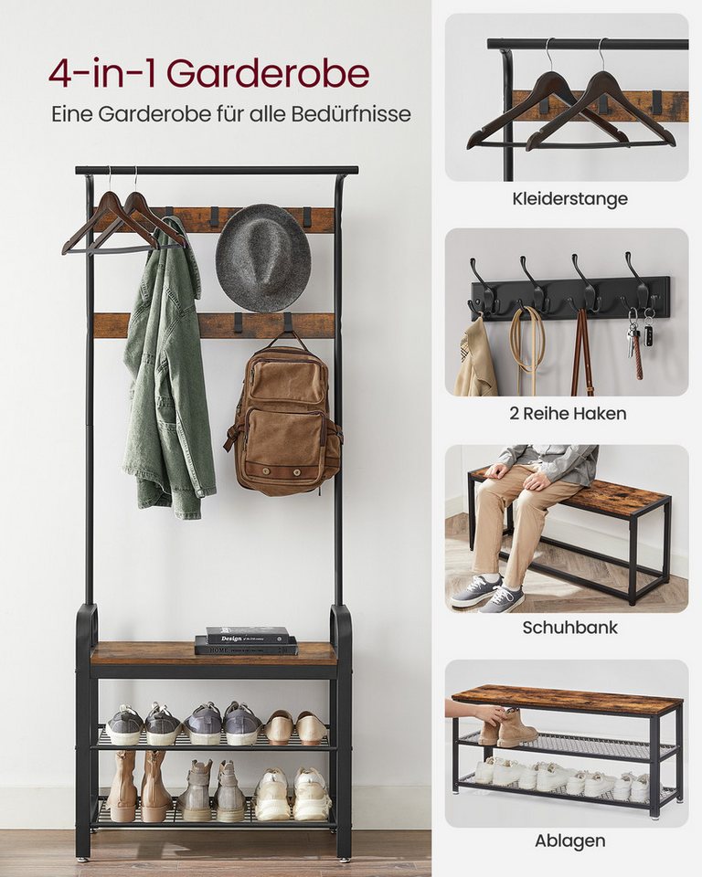 VASAGLE Garderobenständer Garderobe, mit Schuhbank, Kleiderstange und 9 abnehmbaren Haken – Bild 3 von 5
