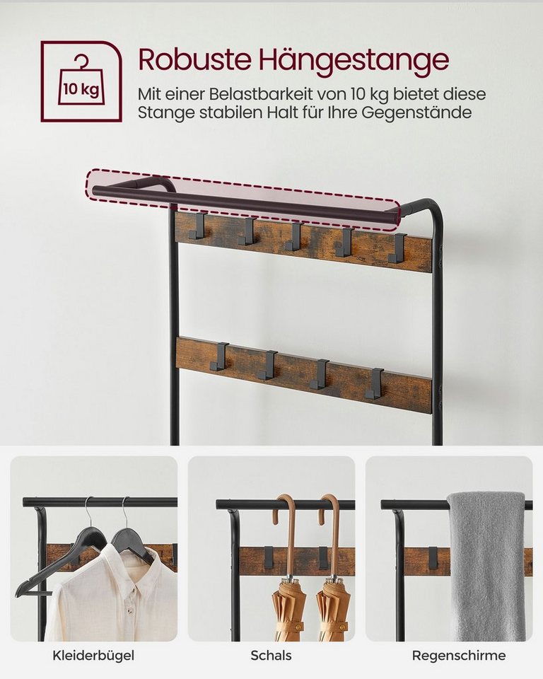 VASAGLE Garderobenständer Garderobe, mit Schuhbank, Kleiderstange und 9 abnehmbaren Haken – Bild 4 von 5