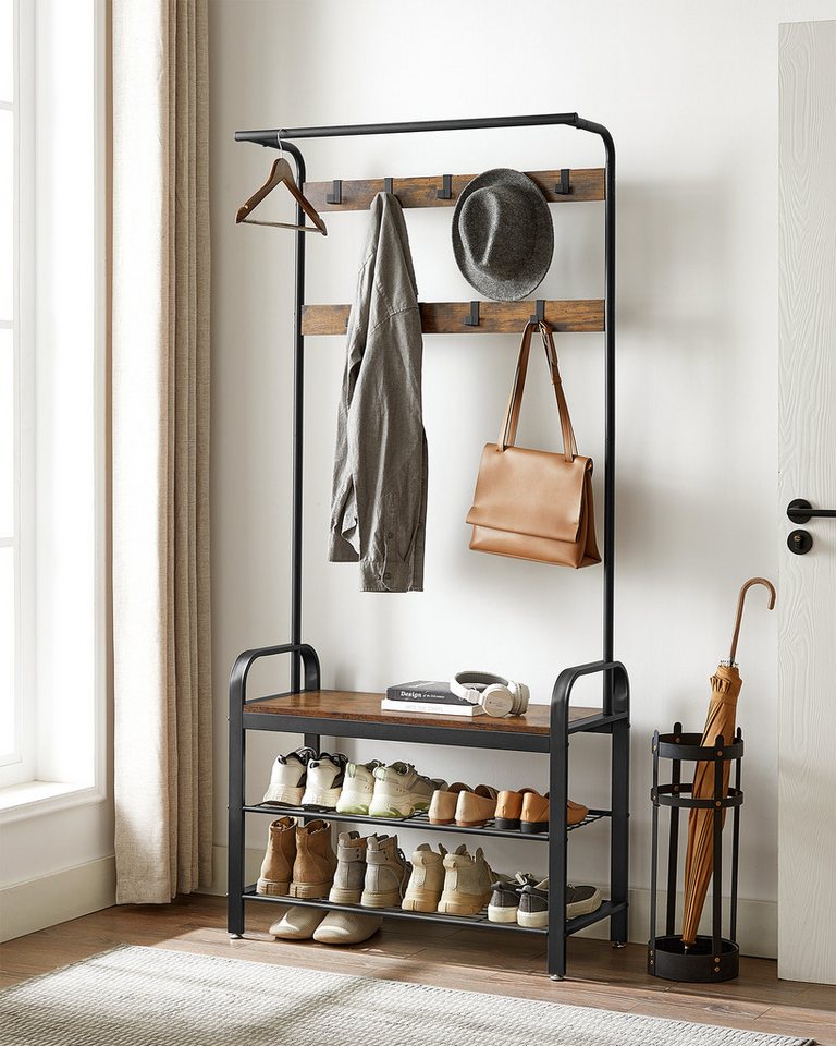 VASAGLE Garderobenständer Garderobe, mit Schuhbank, Kleiderstange und 9 abnehmbaren Haken – Bild 2 von 5