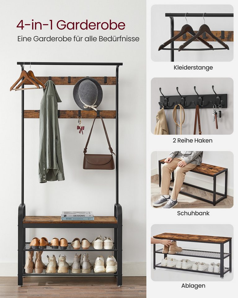 VASAGLE Garderobenständer Garderobe, mit Schuhbank, Kleiderstange und 9 abnehmbaren Haken – Bild 3 von 5