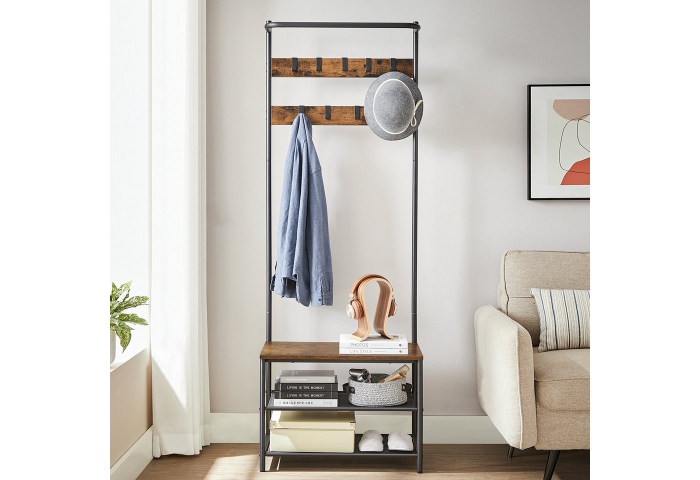 VASAGLE Garderobenständer Garderobe, Kleiderstange, Sitzbank, 9 abnehmbare Haken, Industrie-Stil – Bild 2 von 5