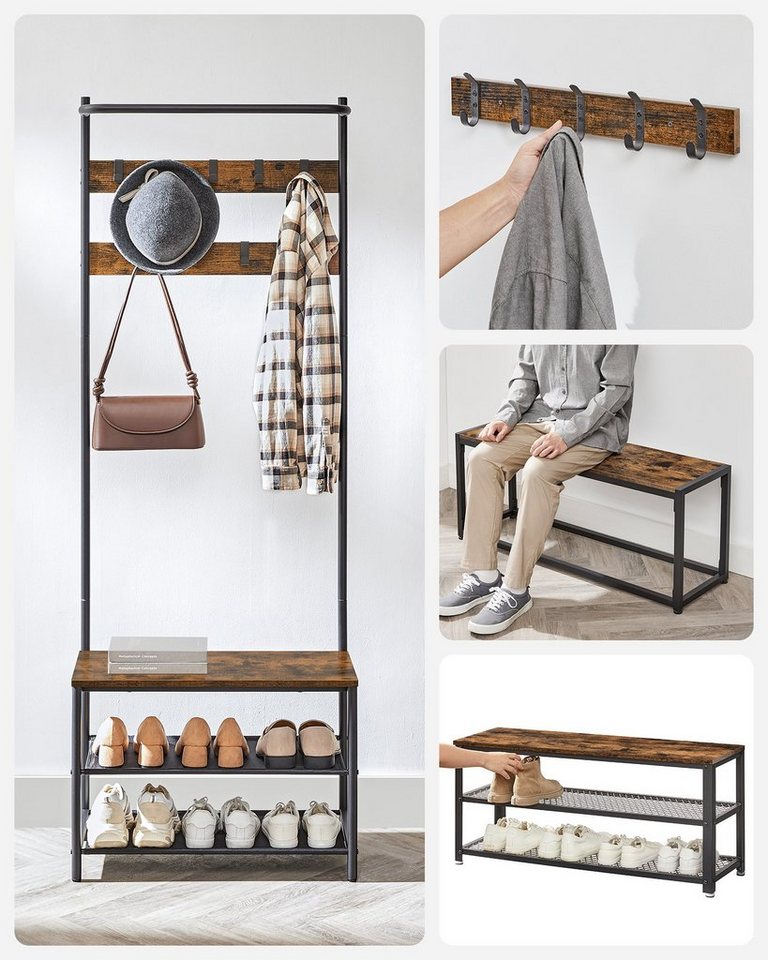 VASAGLE Garderobenständer Garderobe, Kleiderstange, Sitzbank, 9 abnehmbare Haken, Industrie-Stil – Bild 3 von 5