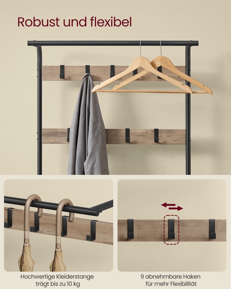 VASAGLE Garderobenständer Garderobe, mit Schuhbank, Kleiderstange und 9 abnehmbaren Haken – Bild 5 von 5