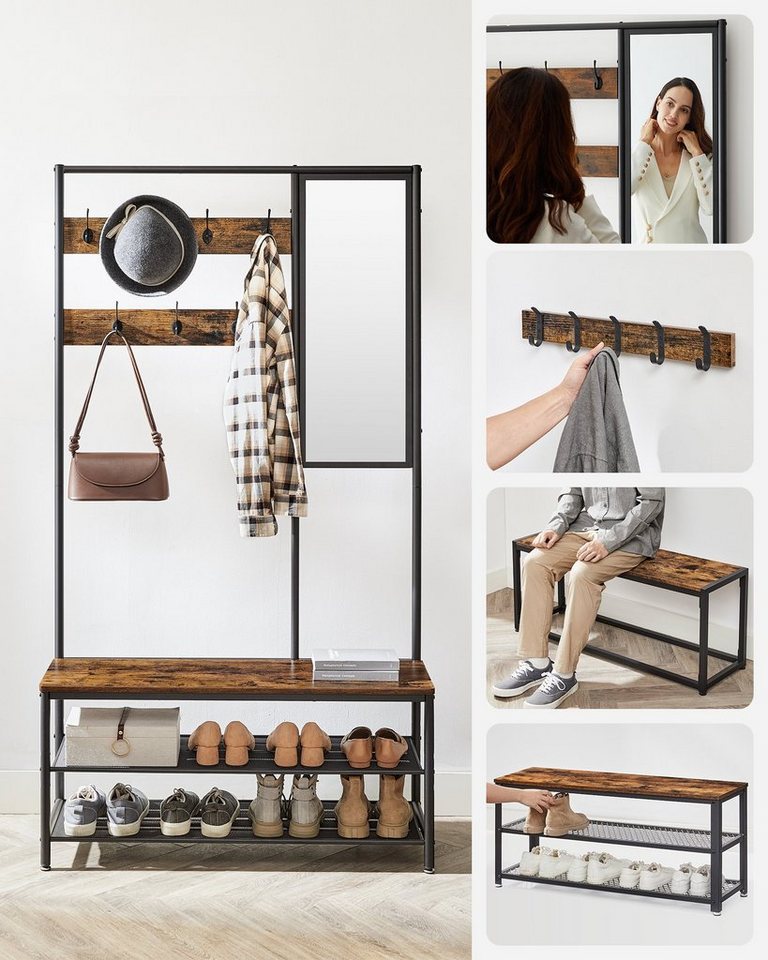 VASAGLE Garderobenständer Garderobe, mit 7 Haken, Spiegel, Sitzbank, 35 x 98 x 180 cm – Bild 3 von 5