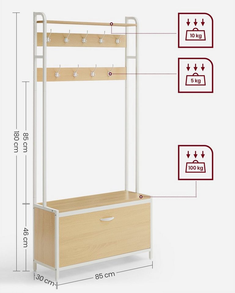 VASAGLE Garderobenständer Garderobe, mit Schuhschrank, Sitzbank, Schuhkipper, Haken, obere Ablage – Bild 4 von 5