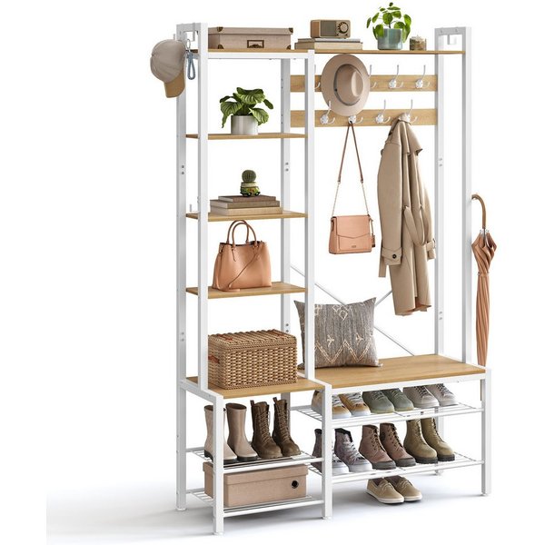 VASAGLE Garderobenständer Garderobe, Garderobenständer, mit Schuhbank, Haken, 5 Regalebenen aus Spanplatten