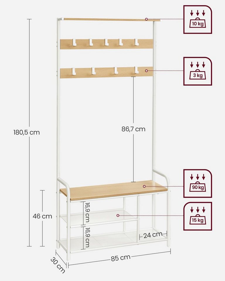 VASAGLE Garderobenständer Kleiderständer, 9 Haken, 30 x 85 x 180,5 cm, für Flur, Schlafzimmer, modern, Ablage, Garderobe – Bild 3 von 5