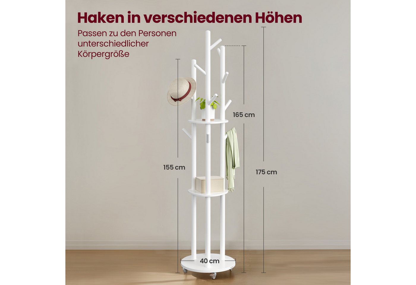 VASAGLE Garderobenständer Kleiderständer, 4 drehbare und abnehmbare Rollen, Eingang Schlafzimmer, mit 11 Haken und 3 Ablagen, Haken und Haltestangen aus Massivh – Bild 3 von 5