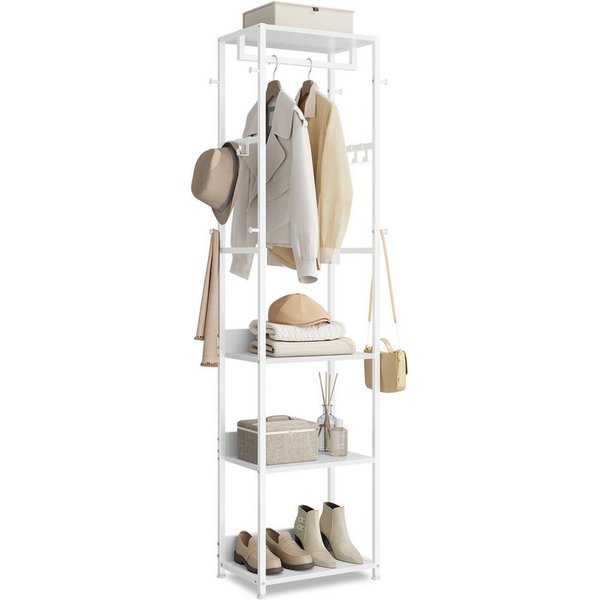VASAGLE Garderobenständer Kleiderständer, Garderobe, für Kleidung, Taschen, Hüte, 30,5x47x180 cm, mit Kleiderstange und Haken, mit Ablagen, Stahlrahmen, wolkenw