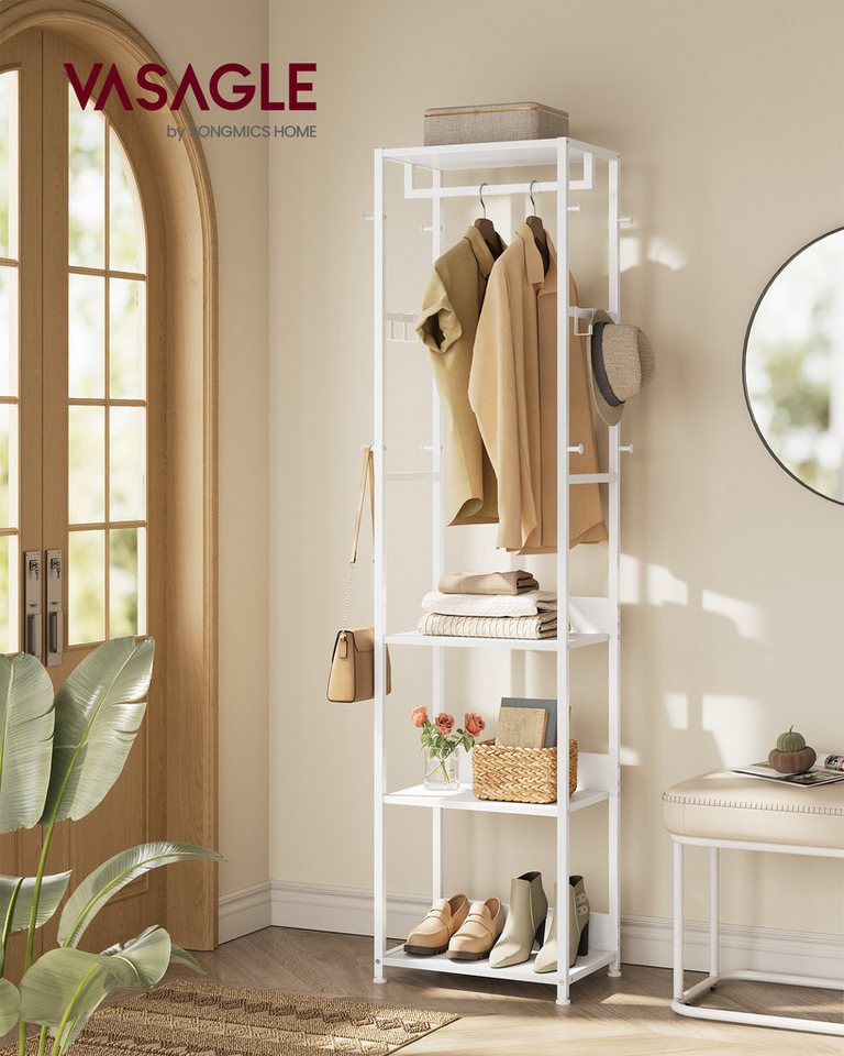 VASAGLE Garderobenständer Kleiderständer, Garderobe, für Kleidung, Taschen, Hüte, 30,5x47x180 cm, mit Kleiderstange und Haken, mit Ablagen, Stahlrahmen, wolkenw – Bild 2 von 5