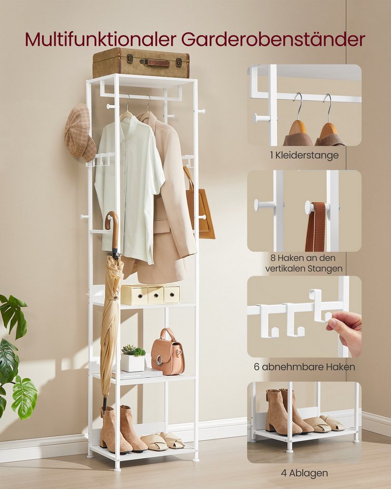 VASAGLE Garderobenständer Kleiderständer, Garderobe, für Kleidung, Taschen, Hüte, 30,5x47x180 cm, mit Kleiderstange und Haken, mit Ablagen, Stahlrahmen, wolkenw – Bild 3 von 5