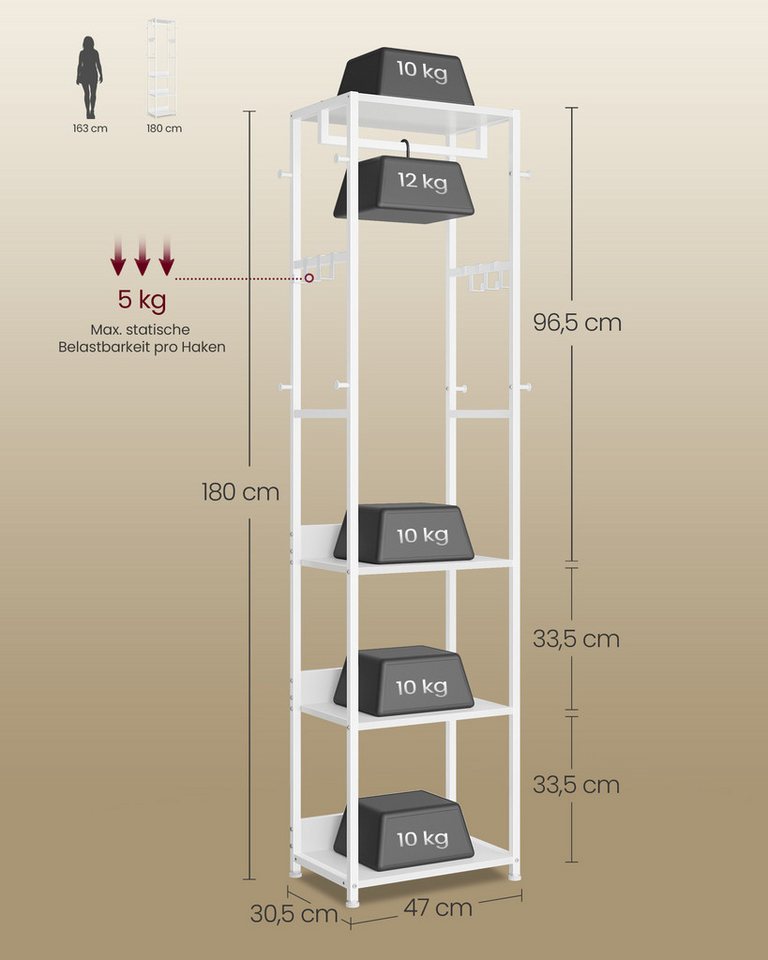 VASAGLE Garderobenständer Kleiderständer, Garderobe, für Kleidung, Taschen, Hüte, 30,5x47x180 cm, mit Kleiderstange und Haken, mit Ablagen, Stahlrahmen, wolkenw – Bild 5 von 5
