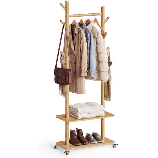 VASAGLE Garderobenständer Kleiderständer, Flur, Schlafzimmer, Wohnzimmer, 8 Haken und Stange aus Massivholz, 4 drehbare und abnehmbare Rollen