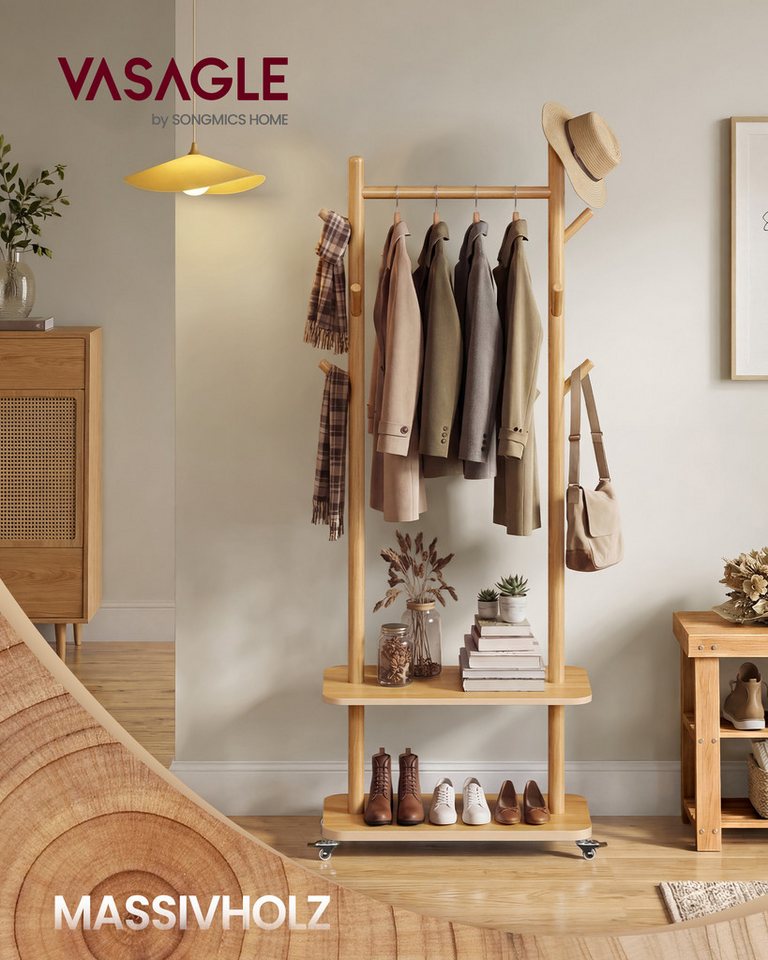 VASAGLE Garderobenständer Kleiderständer, Flur, Schlafzimmer, Wohnzimmer, 8 Haken und Stange aus Massivholz, 4 drehbare und abnehmbare Rollen – Bild 2 von 5