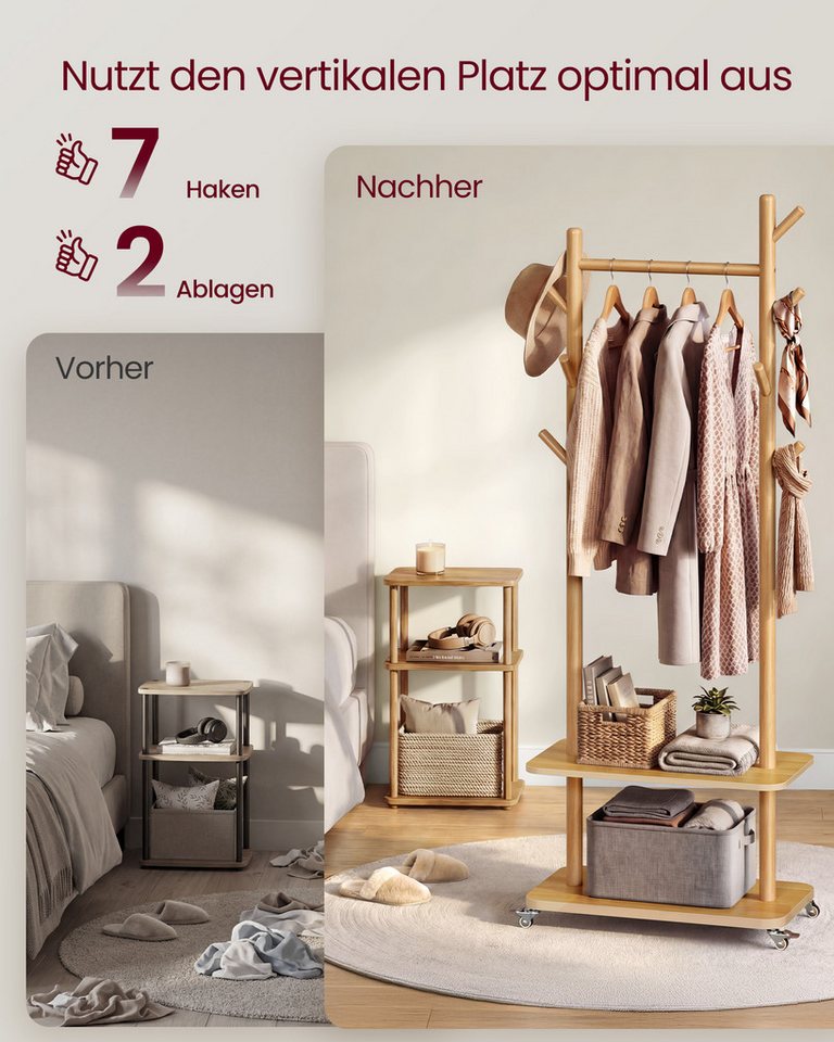 VASAGLE Garderobenständer Kleiderständer, Flur, Schlafzimmer, Wohnzimmer, 8 Haken und Stange aus Massivholz, 4 drehbare und abnehmbare Rollen – Bild 3 von 5