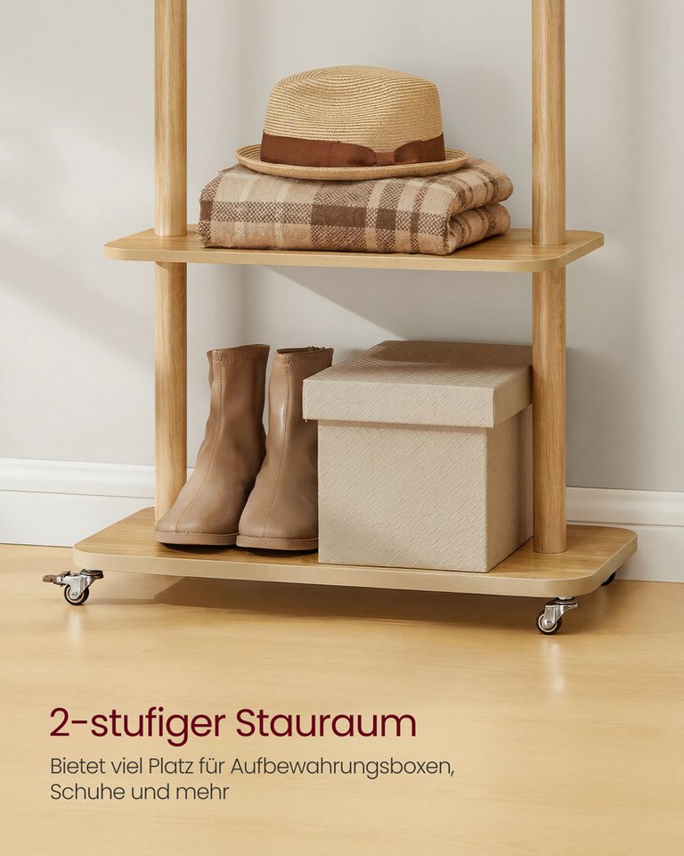 VASAGLE Garderobenständer Kleiderständer, Flur, Schlafzimmer, Wohnzimmer, 8 Haken und Stange aus Massivholz, 4 drehbare und abnehmbare Rollen – Bild 5 von 5