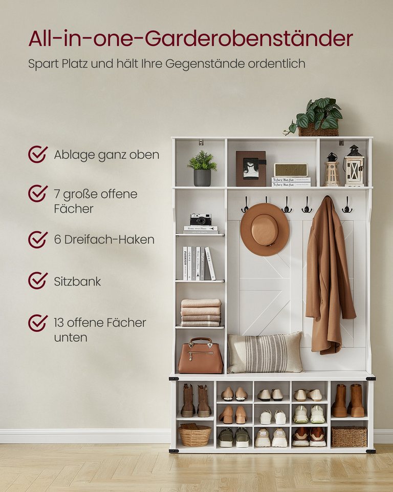 VASAGLE Garderobenständer Kleiderständer aus Holzspanplatte, mit Sitzbank und Schuhablage, MDF mit 6 Haken, Flurmöbel mit Stauraum, 130 x 40 x 200 cm – Bild 3 von 5