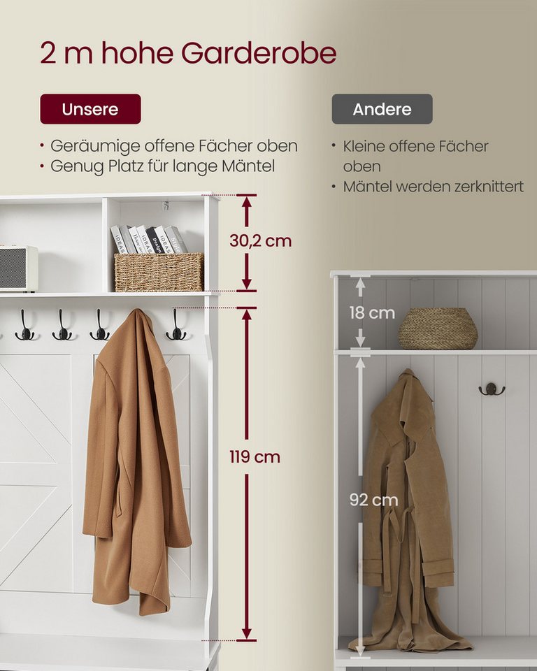 VASAGLE Garderobenständer Kleiderständer aus Holzspanplatte, mit Sitzbank und Schuhablage, MDF mit 6 Haken, Flurmöbel mit Stauraum, 130 x 40 x 200 cm – Bild 5 von 5
