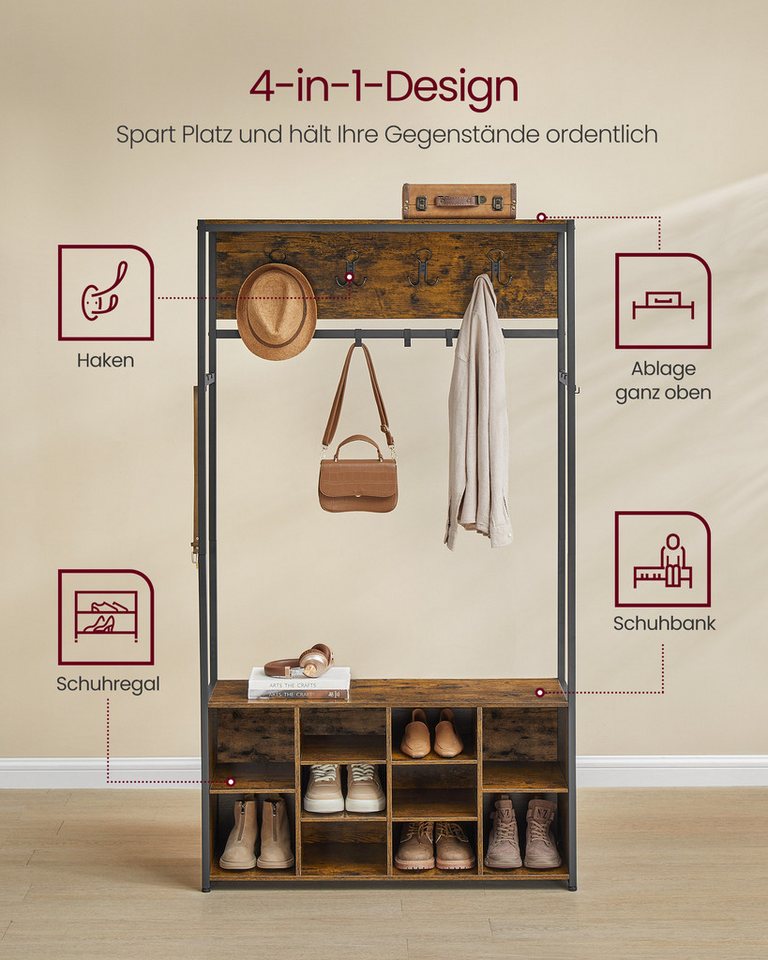 VASAGLE Garderobenständer Kleiderständer Garderobe verstellbare Ablagen, für Flur, Eingangsbereich, Moderner Stil, mit Schuhregal, Kleiderhaken – Bild 4 von 5