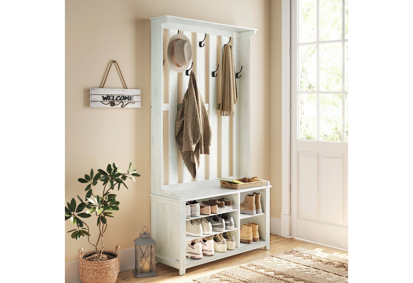 VASAGLE Garderobenständer Kleiderständer mit Stauraum, 81 x 35 x 180 cm, mit Sitzbank und Schuhablage, Garderobe, Flurmöbel – Bild 3 von 5