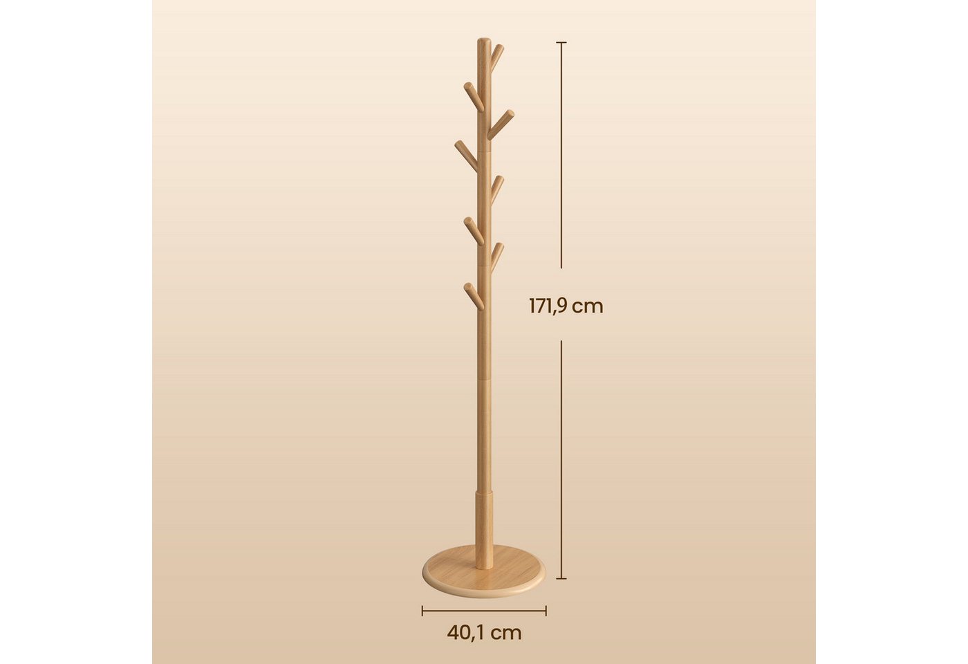 VASAGLE Garderobenständer Kleiderständer, Jackenständer Baumform, für Flur, 40 cm d X 171.8 cm H, 8 Haken für Jacken, Hüte, Haken und Haltestange aus Kautschukh – Bild 2 von 5