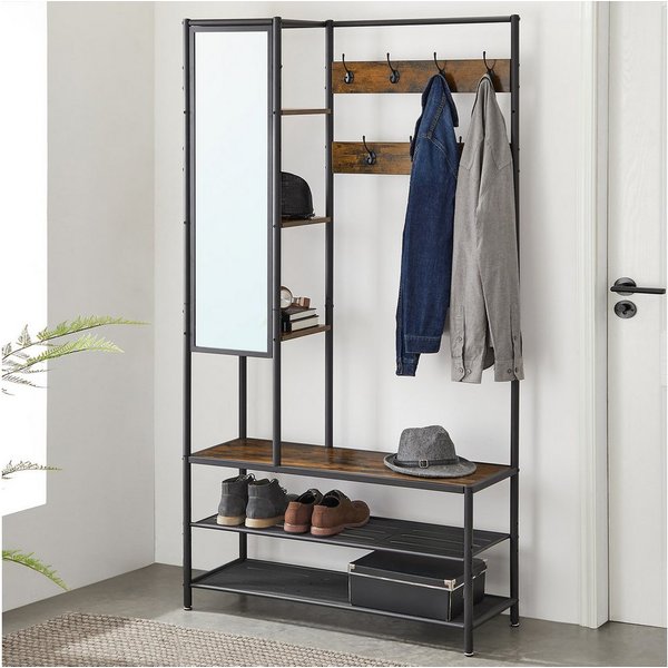 VASAGLE Garderobenständer Schuhbank, 35 x 98 x 182 cm, für Flur, Industrie-Design, mit Kleiderhaken