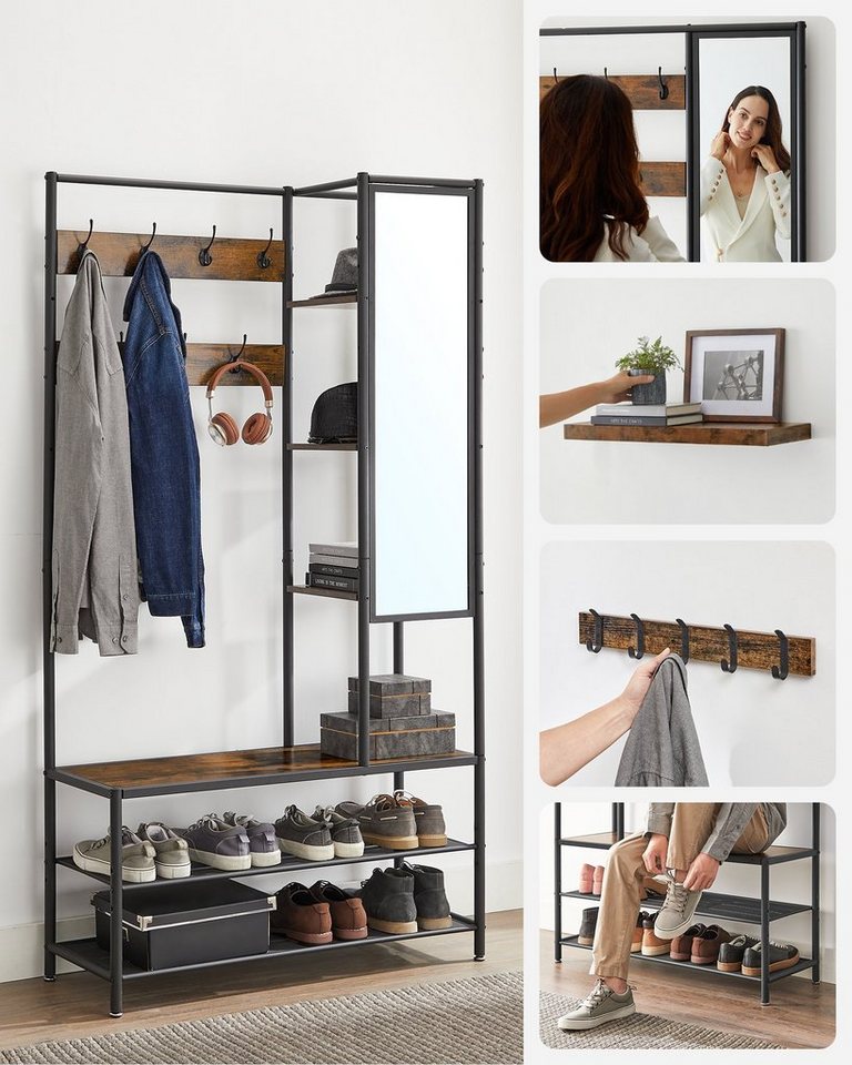 VASAGLE Garderobenständer Schuhbank, 35 x 98 x 182 cm, für Flur, Industrie-Design, mit Kleiderhaken – Bild 3 von 5
