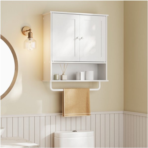 VASAGLE Hängeschrank Badezimmerschrank, Medizinschrank mit verstellbarem Einlegeboden Wandschrank mit Türen, Handtuchhalter und offenem Fach, Landhausstil