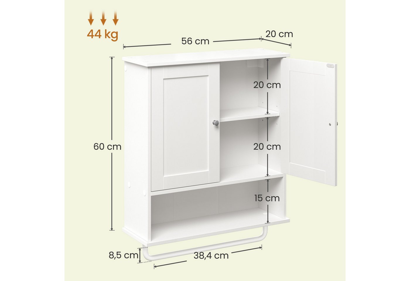 VASAGLE Hängeschrank Badezimmerschrank, Medizinschrank mit verstellbarem Einlegeboden Wandschrank mit Türen, Handtuchhalter und offenem Fach, Landhausstil – Bild 2 von 5