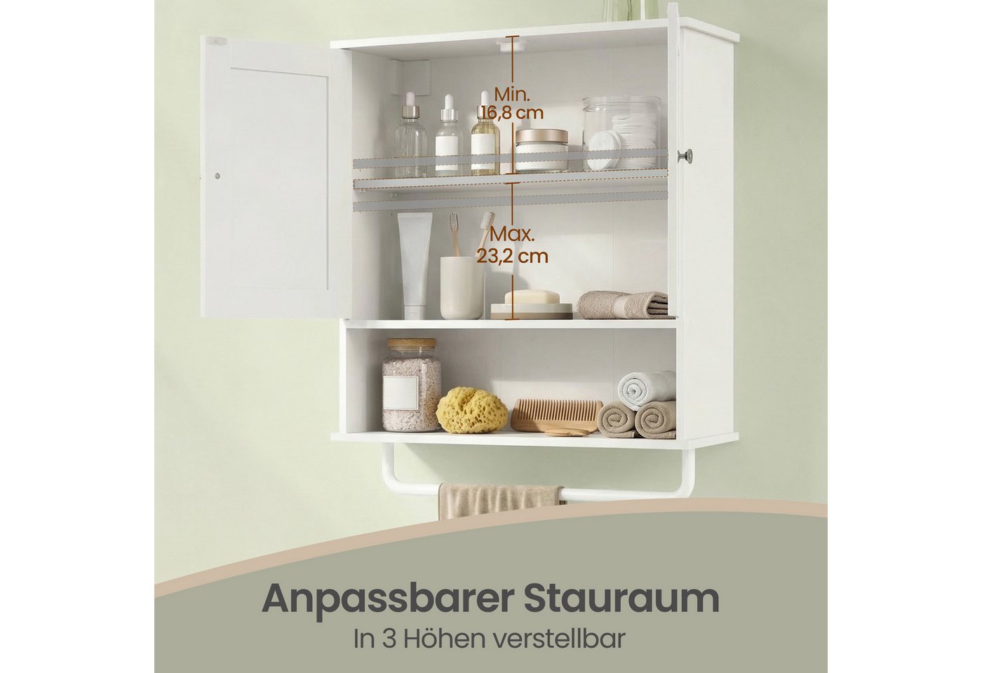 VASAGLE Hängeschrank Badezimmerschrank, Medizinschrank mit verstellbarem Einlegeboden Wandschrank mit Türen, Handtuchhalter und offenem Fach, Landhausstil – Bild 3 von 5
