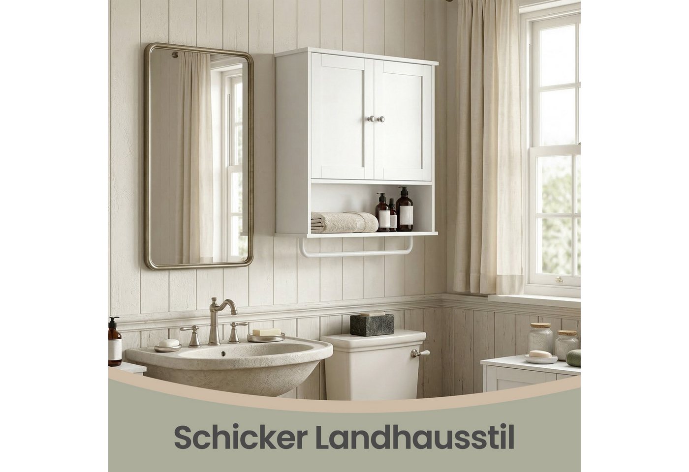 VASAGLE Hängeschrank Badezimmerschrank, Medizinschrank mit verstellbarem Einlegeboden Wandschrank mit Türen, Handtuchhalter und offenem Fach, Landhausstil – Bild 5 von 5