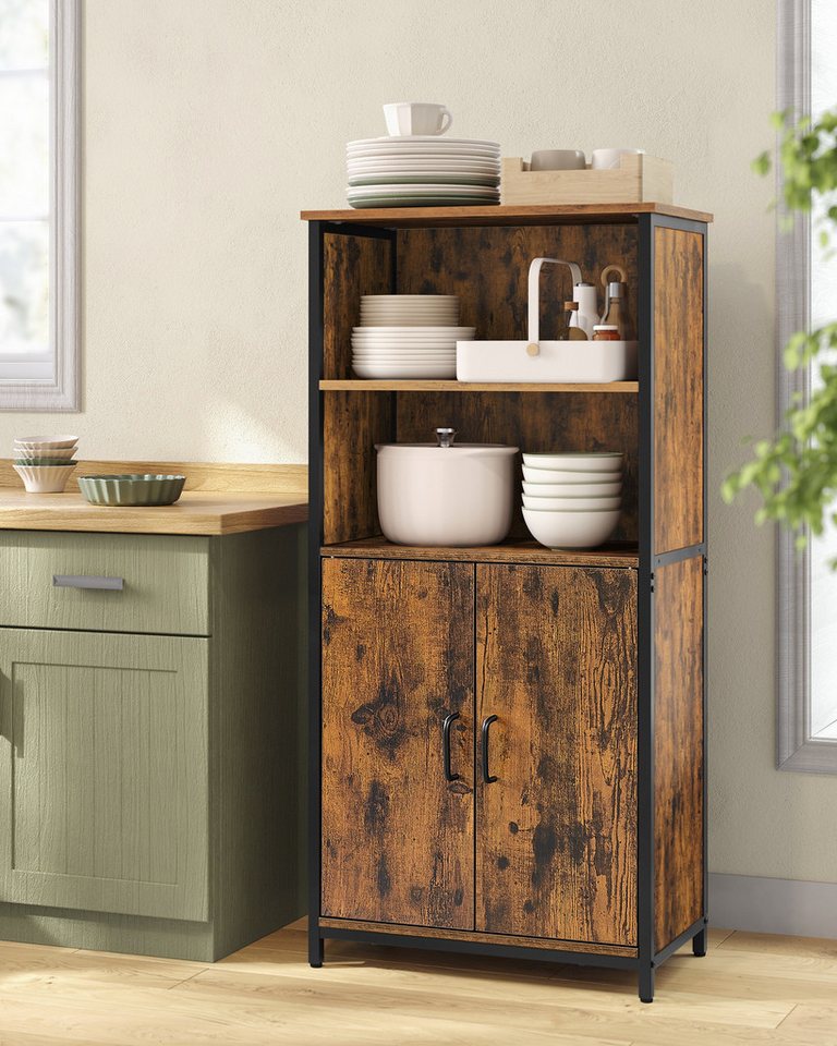 VASAGLE Highboard Küchenschrank, Bücherregal, für Wohnzimmer, Küche, Arbeitszimmer, Bücherschrank mit Türen, verstellbaren Ablagen, 2 offene Fächer – Bild 2 von 5